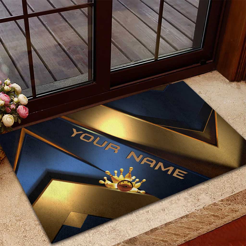Angry Bowling Ball and Pins Rubber Doormat with Blue and Gold Metallic Stripe Graphic Design - Wonder Print Shop