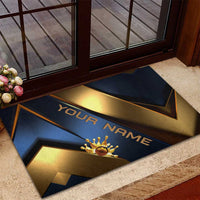 Angry Bowling Ball and Pins Rubber Doormat with Blue and Gold Metallic Stripe Graphic Design - Wonder Print Shop