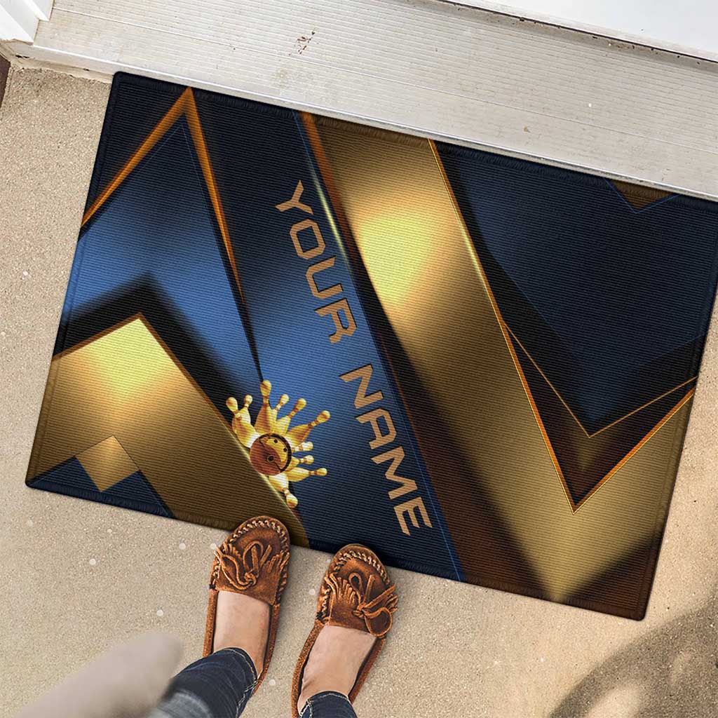 Angry Bowling Ball and Pins Rubber Doormat with Blue and Gold Metallic Stripe Graphic Design - Wonder Print Shop