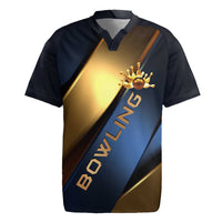 Angry Bowling Ball and Pins Rugby Jersey with Blue and Gold Metallic Stripe Graphic Design - Wonder Print Shop
