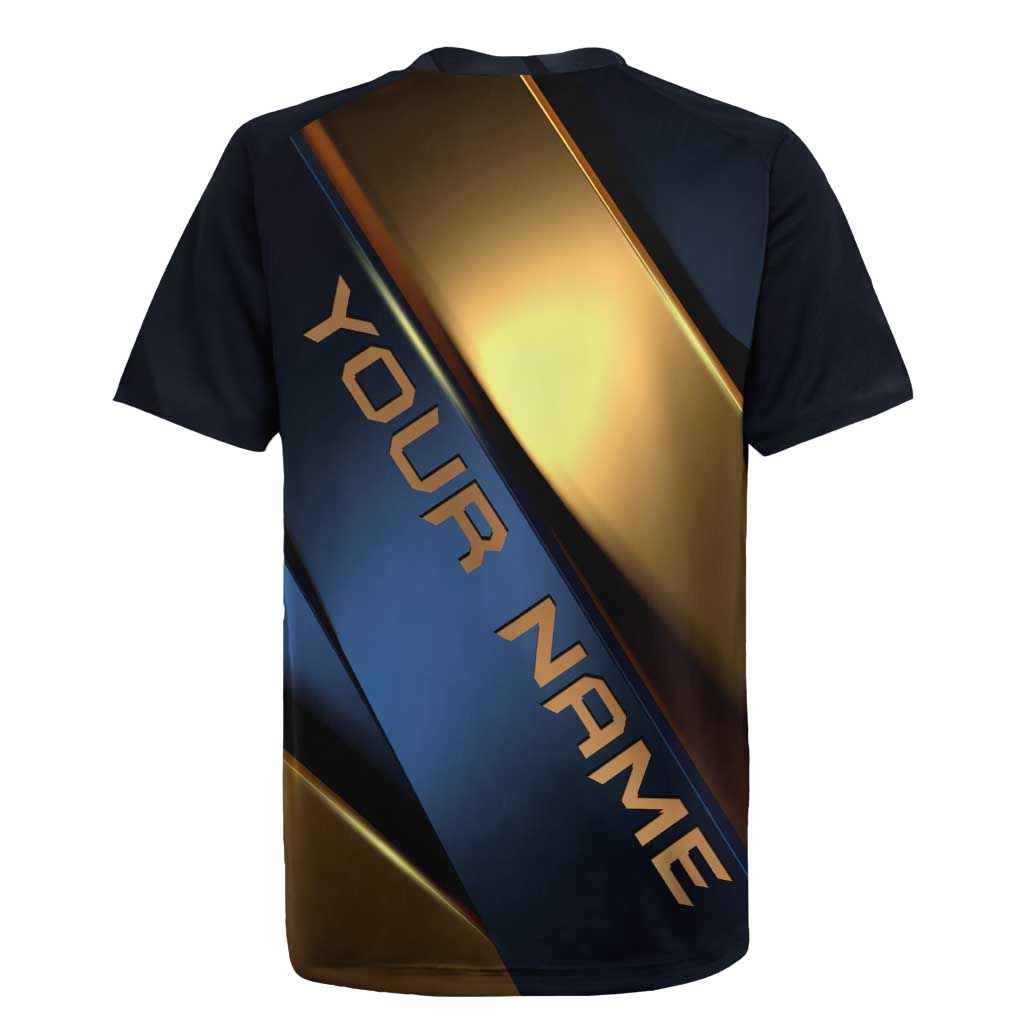 Angry Bowling Ball and Pins Rugby Jersey with Blue and Gold Metallic Stripe Graphic Design - Wonder Print Shop