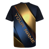 Angry Bowling Ball and Pins Rugby Jersey with Blue and Gold Metallic Stripe Graphic Design - Wonder Print Shop