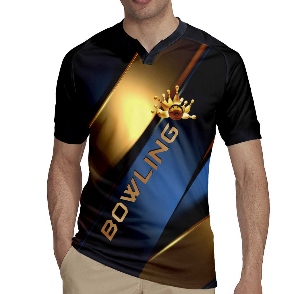 Angry Bowling Ball and Pins Rugby Jersey with Blue and Gold Metallic Stripe Graphic Design - Wonder Print Shop