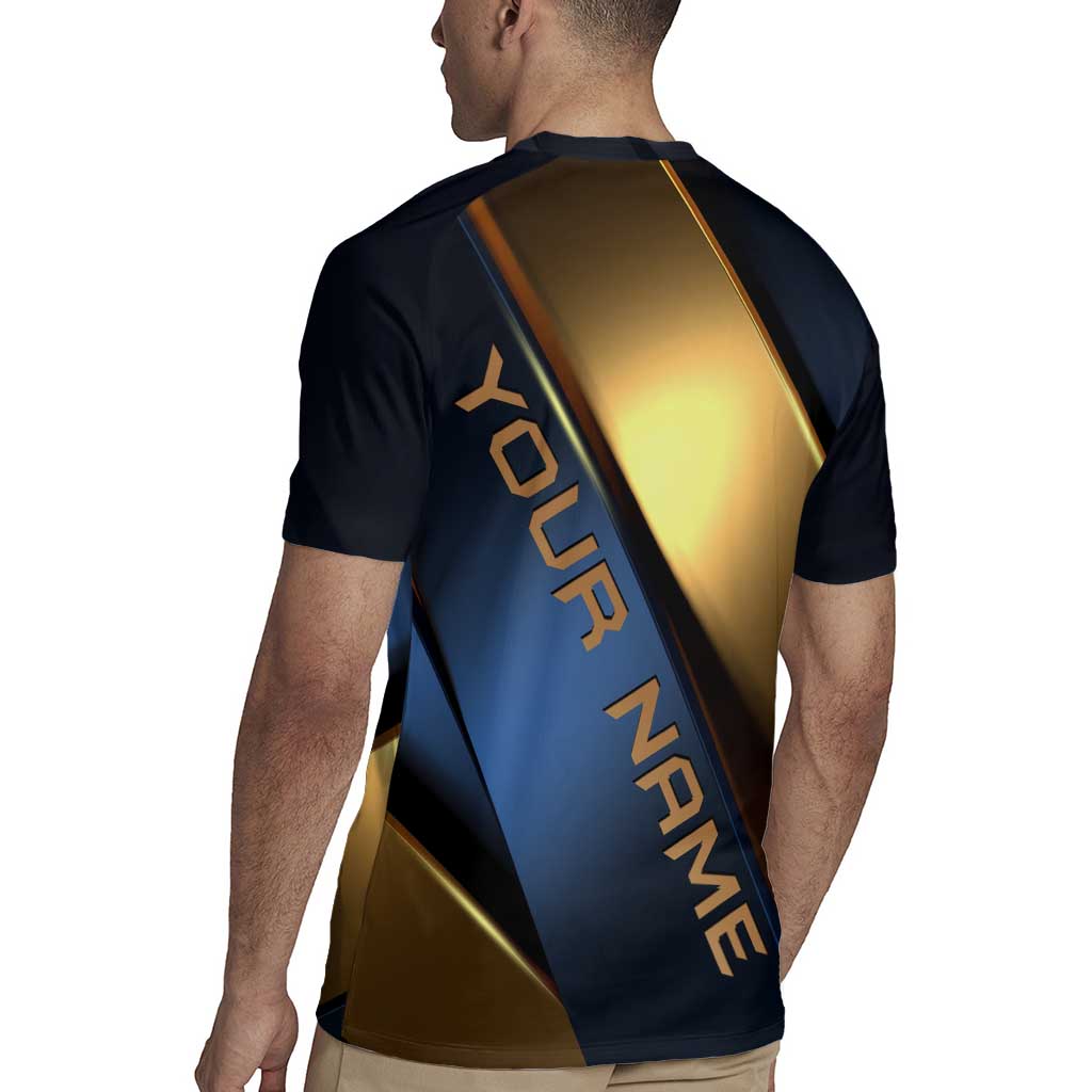 Angry Bowling Ball and Pins Rugby Jersey with Blue and Gold Metallic Stripe Graphic Design - Wonder Print Shop