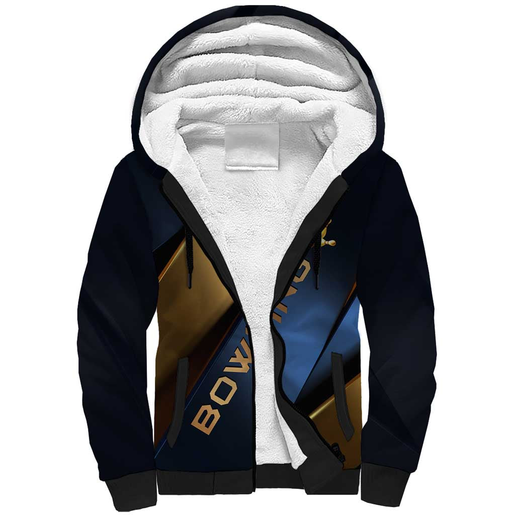 Angry Bowling Ball and Pins Sherpa Hoodie with Blue and Gold Metallic Stripe Graphic Design - Wonder Print Shop