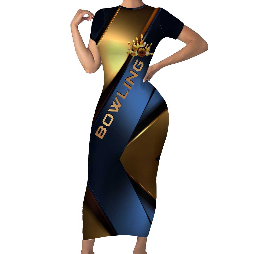 Angry Bowling Ball and Pins Short Sleeve Bodycon Dress with Blue and Gold Metallic Stripe Graphic Design - Wonder Print Shop