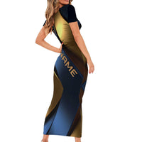 Angry Bowling Ball and Pins Short Sleeve Bodycon Dress with Blue and Gold Metallic Stripe Graphic Design - Wonder Print Shop