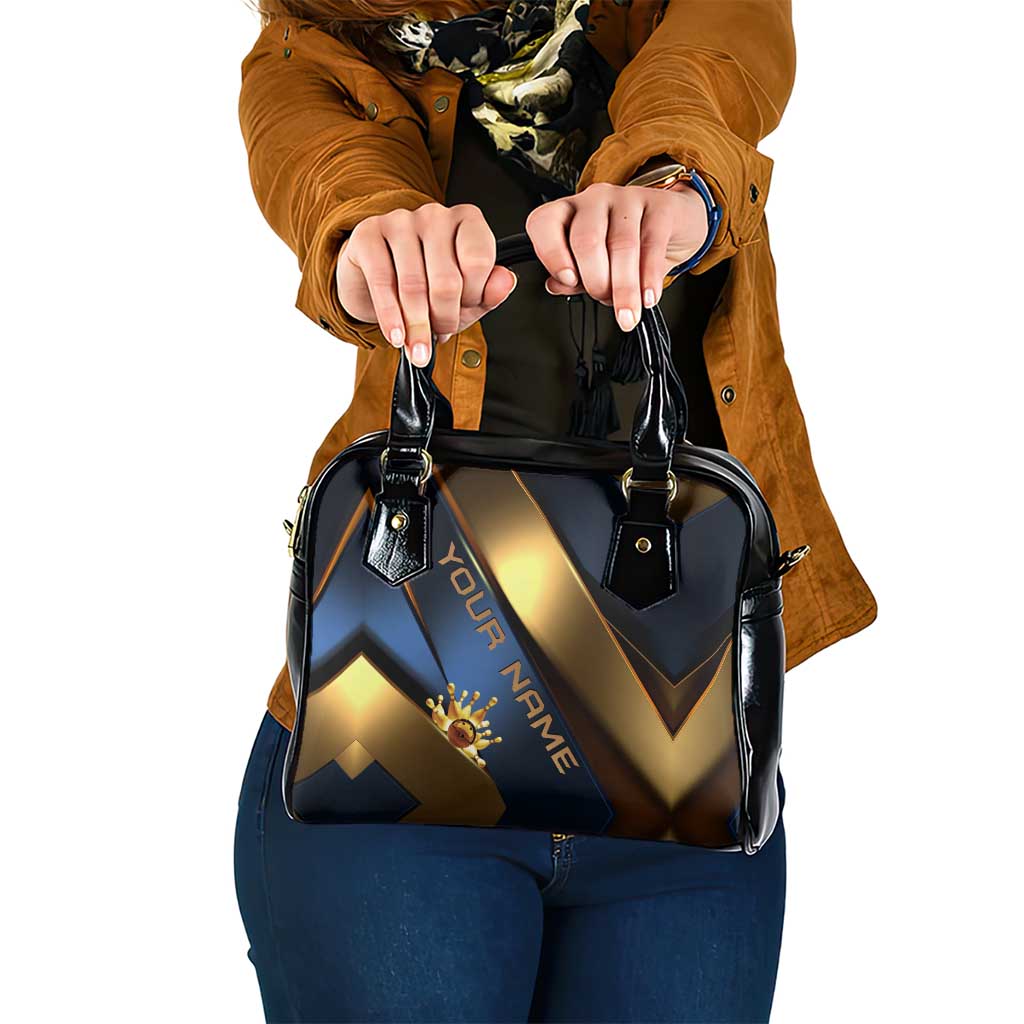 Angry Bowling Ball and Pins Shoulder Handbag with Blue and Gold Metallic Stripe Graphic Design - Wonder Print Shop