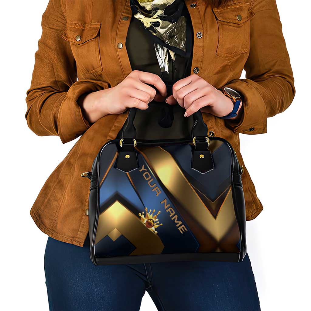 Angry Bowling Ball and Pins Shoulder Handbag with Blue and Gold Metallic Stripe Graphic Design - Wonder Print Shop