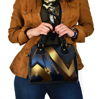 Angry Bowling Ball and Pins Shoulder Handbag with Blue and Gold Metallic Stripe Graphic Design - Wonder Print Shop