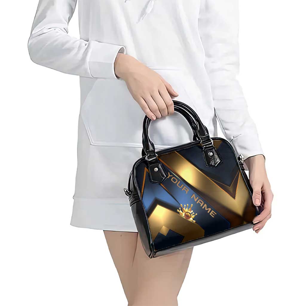 Angry Bowling Ball and Pins Shoulder Handbag with Blue and Gold Metallic Stripe Graphic Design - Wonder Print Shop