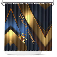 Angry Bowling Ball and Pins Shower Curtain with Blue and Gold Metallic Stripe Graphic Design - Wonder Print Shop