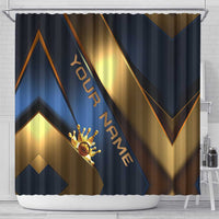 Angry Bowling Ball and Pins Shower Curtain with Blue and Gold Metallic Stripe Graphic Design - Wonder Print Shop