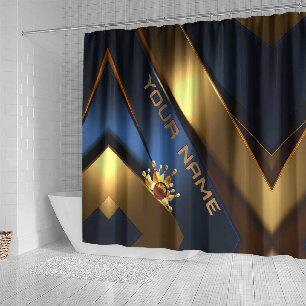 Angry Bowling Ball and Pins Shower Curtain with Blue and Gold Metallic Stripe Graphic Design - Wonder Print Shop