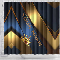 Angry Bowling Ball and Pins Shower Curtain with Blue and Gold Metallic Stripe Graphic Design - Wonder Print Shop