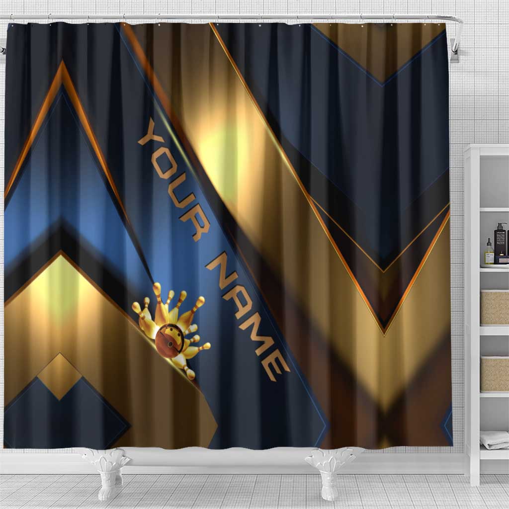 Angry Bowling Ball and Pins Shower Curtain with Blue and Gold Metallic Stripe Graphic Design - Wonder Print Shop