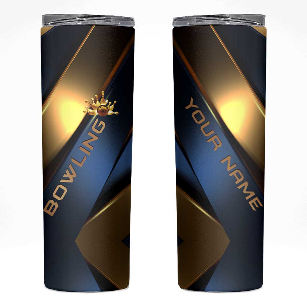 Angry Bowling Ball and Pins Skinny Tumbler with Blue and Gold Metallic Stripe Graphic Design - Wonder Print Shop