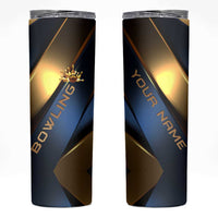 Angry Bowling Ball and Pins Skinny Tumbler with Blue and Gold Metallic Stripe Graphic Design - Wonder Print Shop