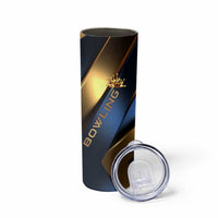 Angry Bowling Ball and Pins Skinny Tumbler with Blue and Gold Metallic Stripe Graphic Design - Wonder Print Shop
