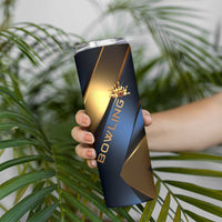 Angry Bowling Ball and Pins Skinny Tumbler with Blue and Gold Metallic Stripe Graphic Design - Wonder Print Shop