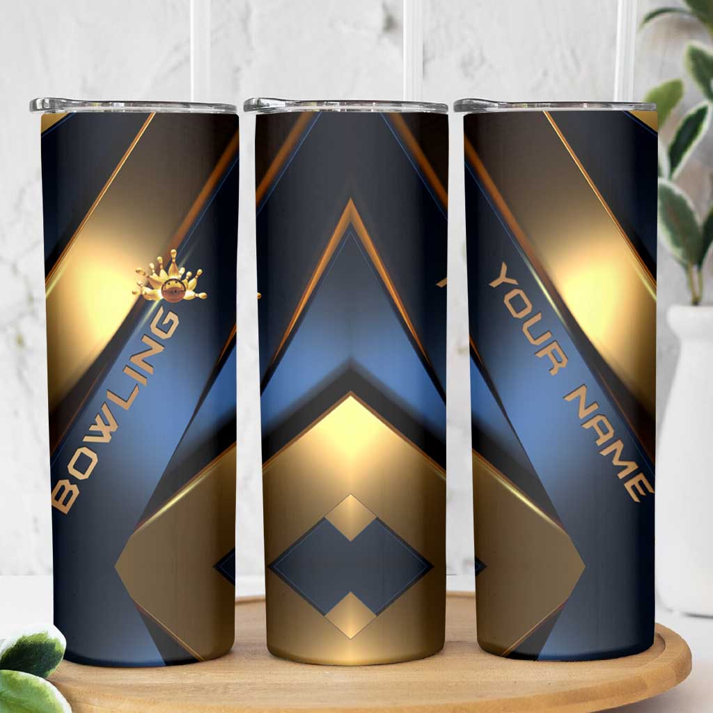 Angry Bowling Ball and Pins Skinny Tumbler with Blue and Gold Metallic Stripe Graphic Design - Wonder Print Shop