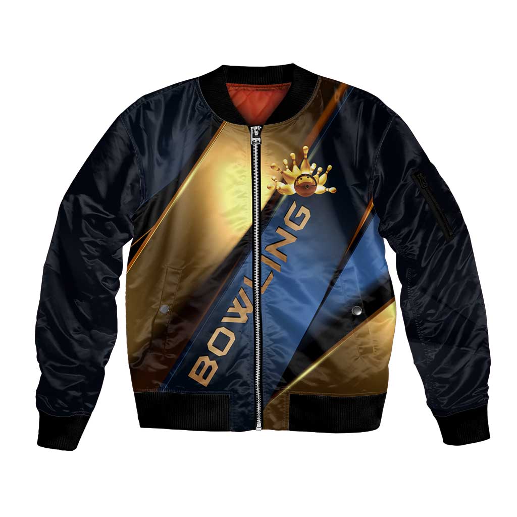 Angry Bowling Ball and Pins Sleeve Zip Bomber Jacket with Blue and Gold Metallic Stripe Graphic Design - Wonder Print Shop
