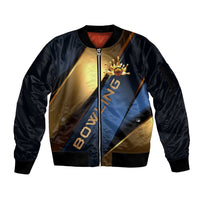 Angry Bowling Ball and Pins Sleeve Zip Bomber Jacket with Blue and Gold Metallic Stripe Graphic Design - Wonder Print Shop