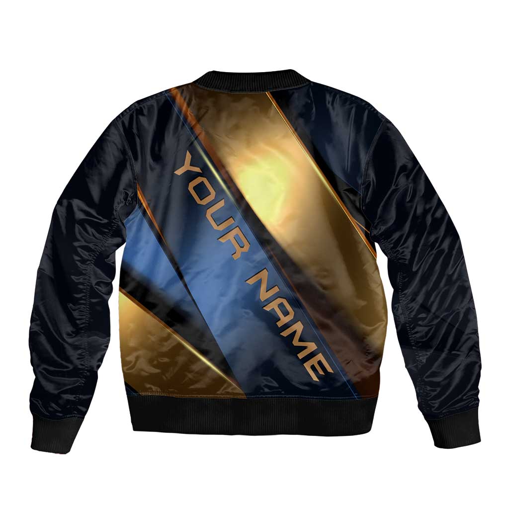 Angry Bowling Ball and Pins Sleeve Zip Bomber Jacket with Blue and Gold Metallic Stripe Graphic Design - Wonder Print Shop