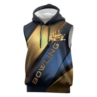 Angry Bowling Ball and Pins Sleeveless Hoodie with Blue and Gold Metallic Stripe Graphic Design - Wonder Print Shop
