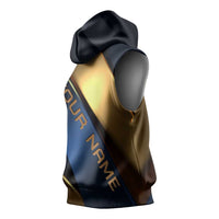 Angry Bowling Ball and Pins Sleeveless Hoodie with Blue and Gold Metallic Stripe Graphic Design - Wonder Print Shop