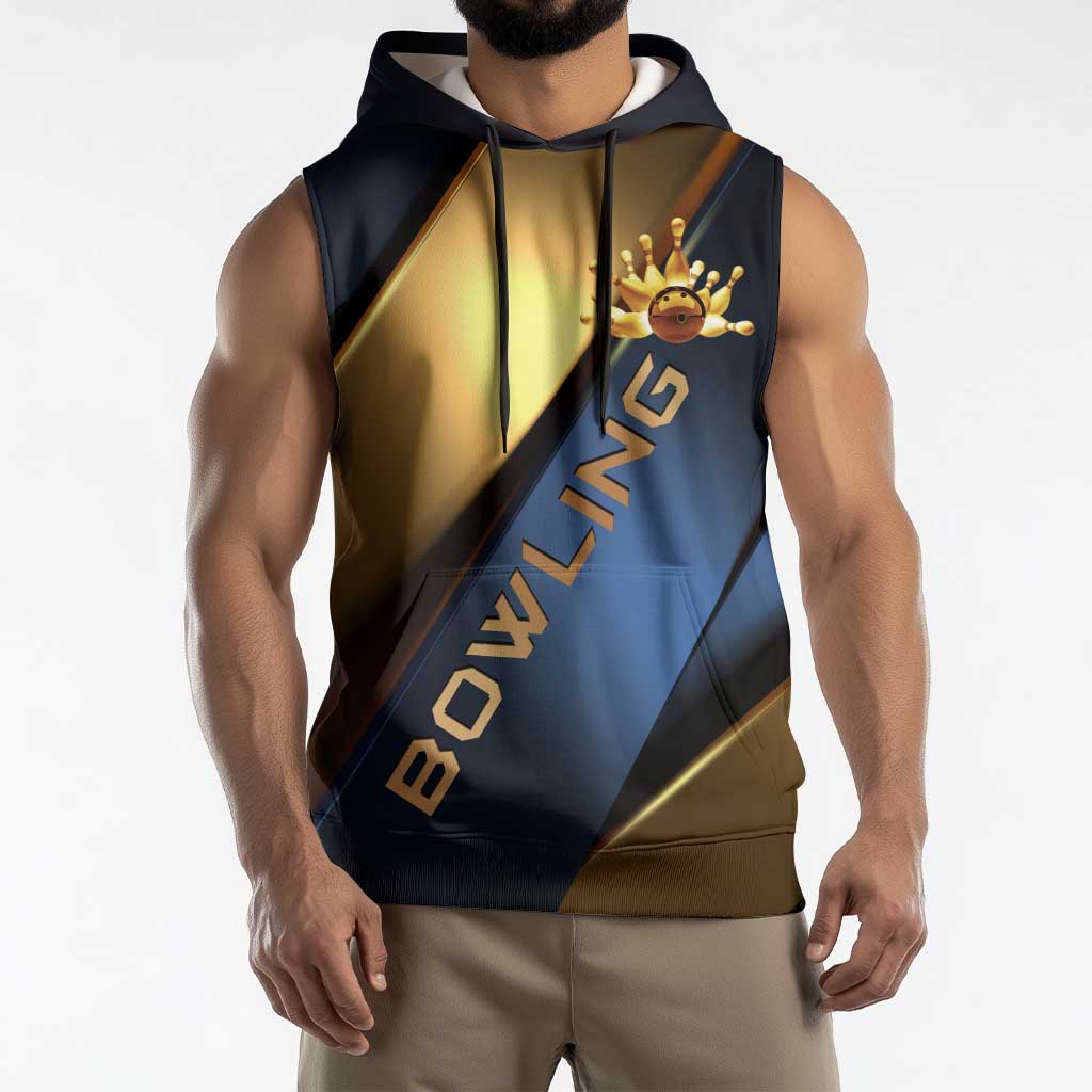 Angry Bowling Ball and Pins Sleeveless Hoodie with Blue and Gold Metallic Stripe Graphic Design - Wonder Print Shop