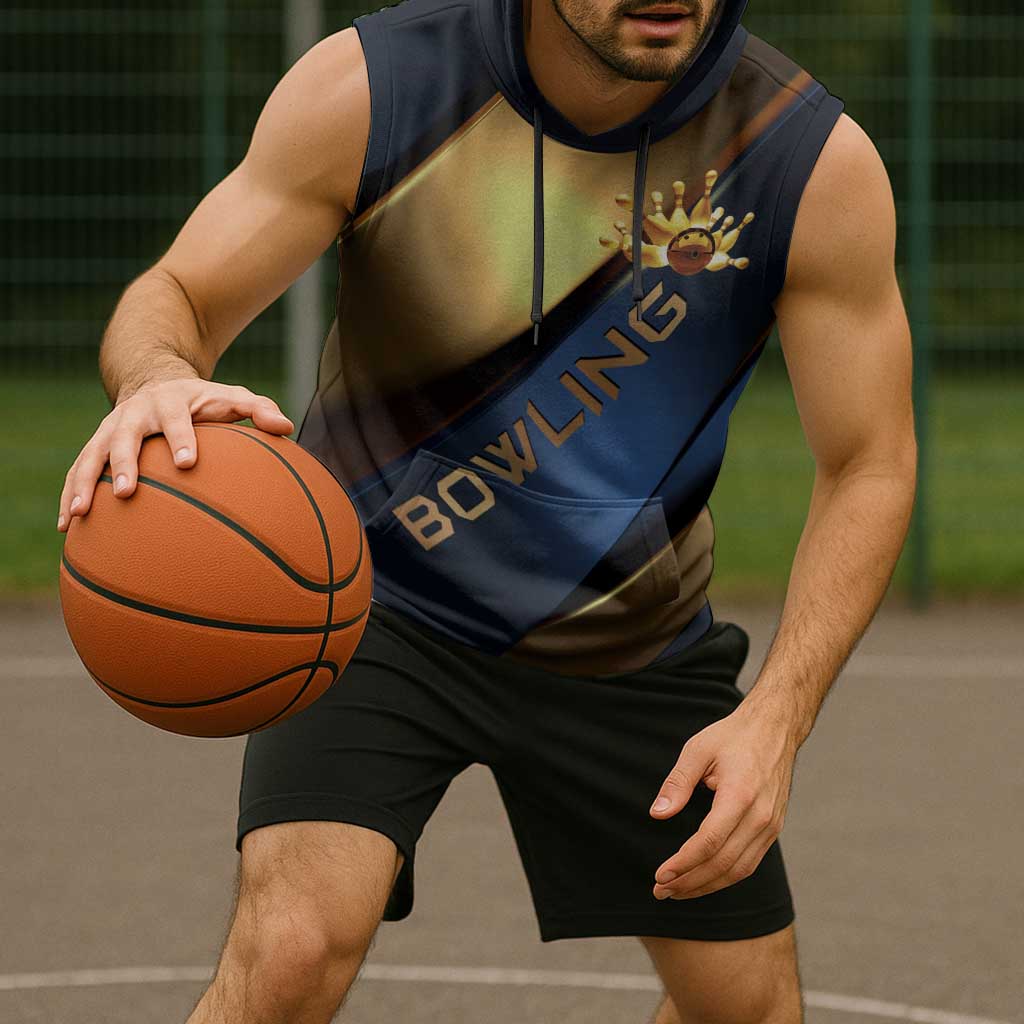 Angry Bowling Ball and Pins Sleeveless Hoodie with Blue and Gold Metallic Stripe Graphic Design - Wonder Print Shop