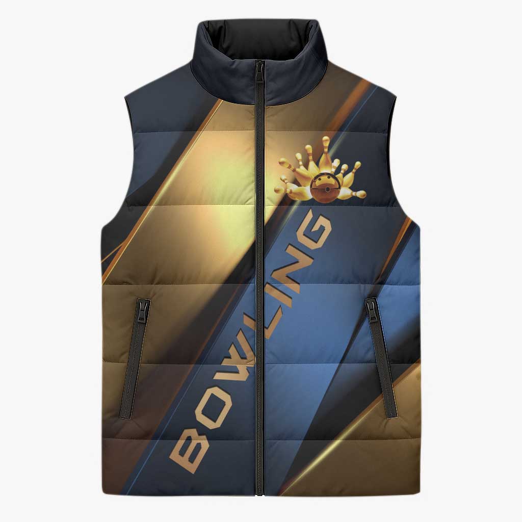 Angry Bowling Ball and Pins Sleeveless Puffer Jacket with Blue and Gold Metallic Stripe Graphic Design - Wonder Print Shop