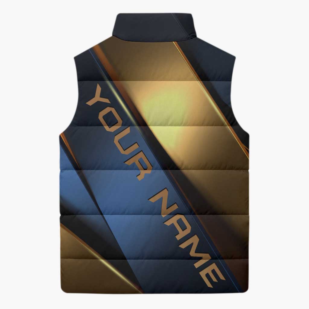 Angry Bowling Ball and Pins Sleeveless Puffer Jacket with Blue and Gold Metallic Stripe Graphic Design - Wonder Print Shop