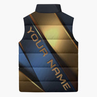 Angry Bowling Ball and Pins Sleeveless Puffer Jacket with Blue and Gold Metallic Stripe Graphic Design - Wonder Print Shop