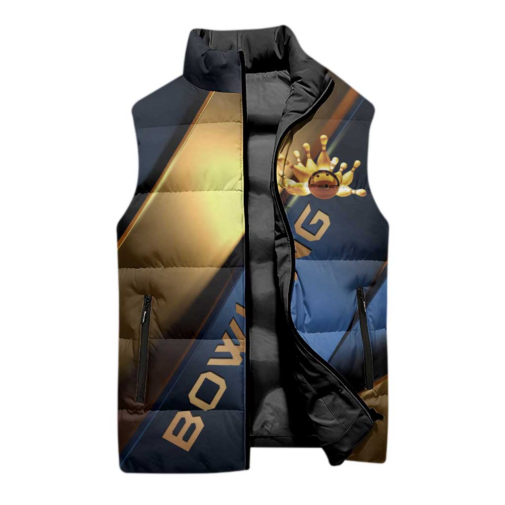 Angry Bowling Ball and Pins Sleeveless Puffer Jacket with Blue and Gold Metallic Stripe Graphic Design - Wonder Print Shop