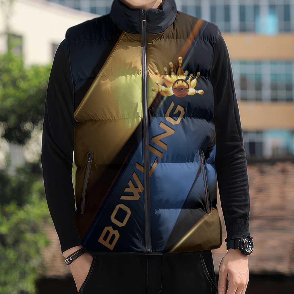 Angry Bowling Ball and Pins Sleeveless Puffer Jacket with Blue and Gold Metallic Stripe Graphic Design - Wonder Print Shop