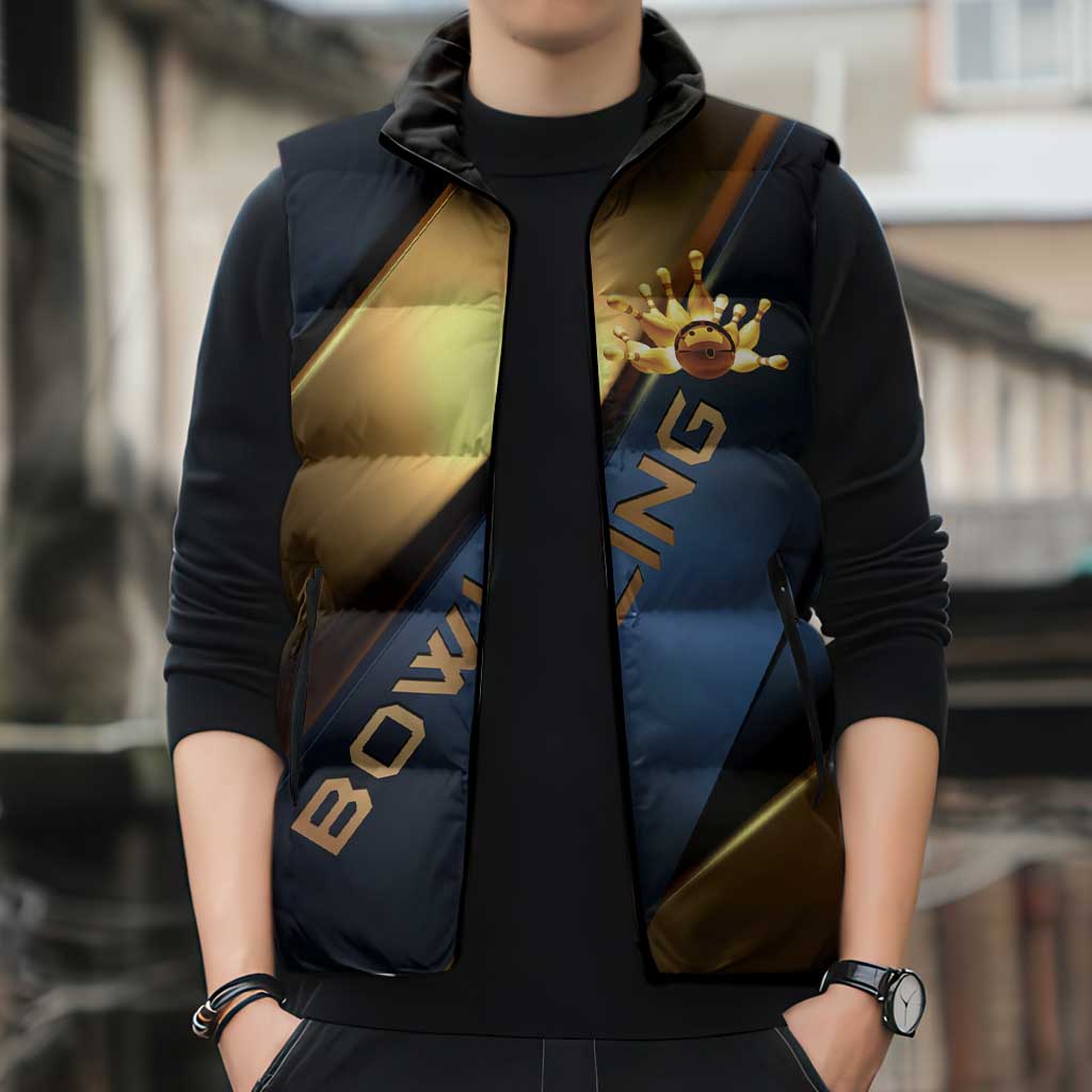 Angry Bowling Ball and Pins Sleeveless Puffer Jacket with Blue and Gold Metallic Stripe Graphic Design - Wonder Print Shop