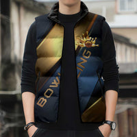 Angry Bowling Ball and Pins Sleeveless Puffer Jacket with Blue and Gold Metallic Stripe Graphic Design - Wonder Print Shop