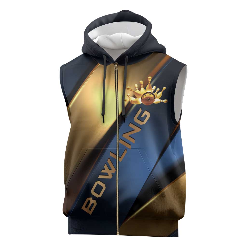 Angry Bowling Ball and Pins Sleeveless Zip Hoodie with Blue and Gold Metallic Stripe Graphic Design - Wonder Print Shop