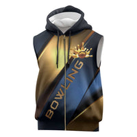 Angry Bowling Ball and Pins Sleeveless Zip Hoodie with Blue and Gold Metallic Stripe Graphic Design - Wonder Print Shop