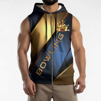 Angry Bowling Ball and Pins Sleeveless Zip Hoodie with Blue and Gold Metallic Stripe Graphic Design - Wonder Print Shop