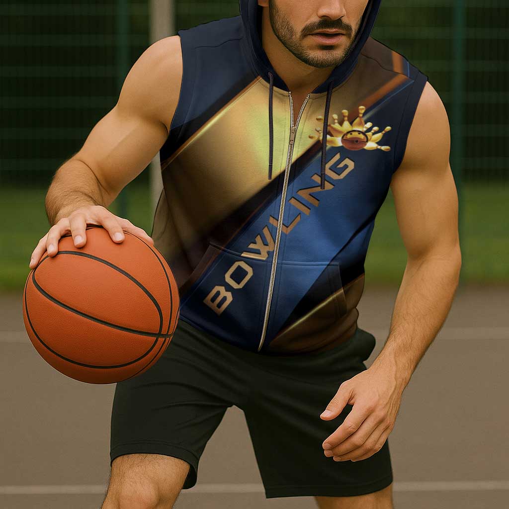 Angry Bowling Ball and Pins Sleeveless Zip Hoodie with Blue and Gold Metallic Stripe Graphic Design - Wonder Print Shop