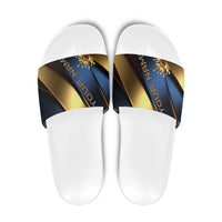 Angry Bowling Ball and Pins Slide Sandals with Blue and Gold Metallic Stripe Graphic Design - Wonder Print Shop