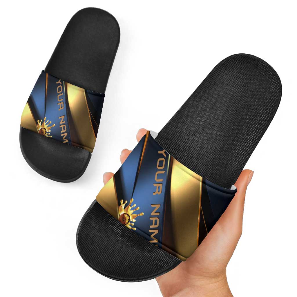 Angry Bowling Ball and Pins Slide Sandals with Blue and Gold Metallic Stripe Graphic Design - Wonder Print Shop