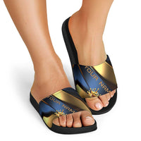 Angry Bowling Ball and Pins Slide Sandals with Blue and Gold Metallic Stripe Graphic Design - Wonder Print Shop