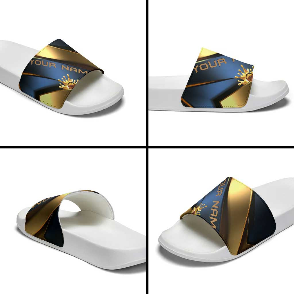 Angry Bowling Ball and Pins Slide Sandals with Blue and Gold Metallic Stripe Graphic Design - Wonder Print Shop