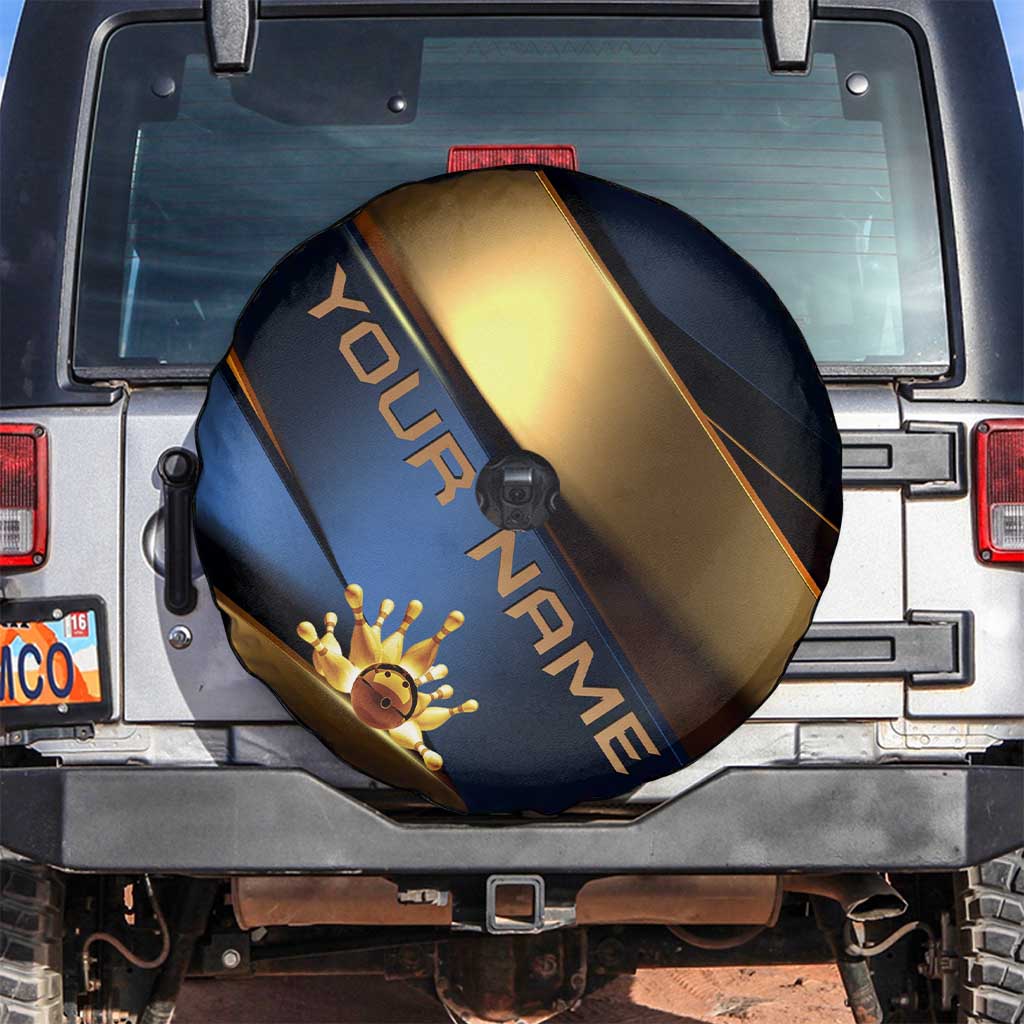 Angry Bowling Ball and Pins Spare Tire Cover with Blue and Gold Metallic Stripe Graphic Design - Wonder Print Shop