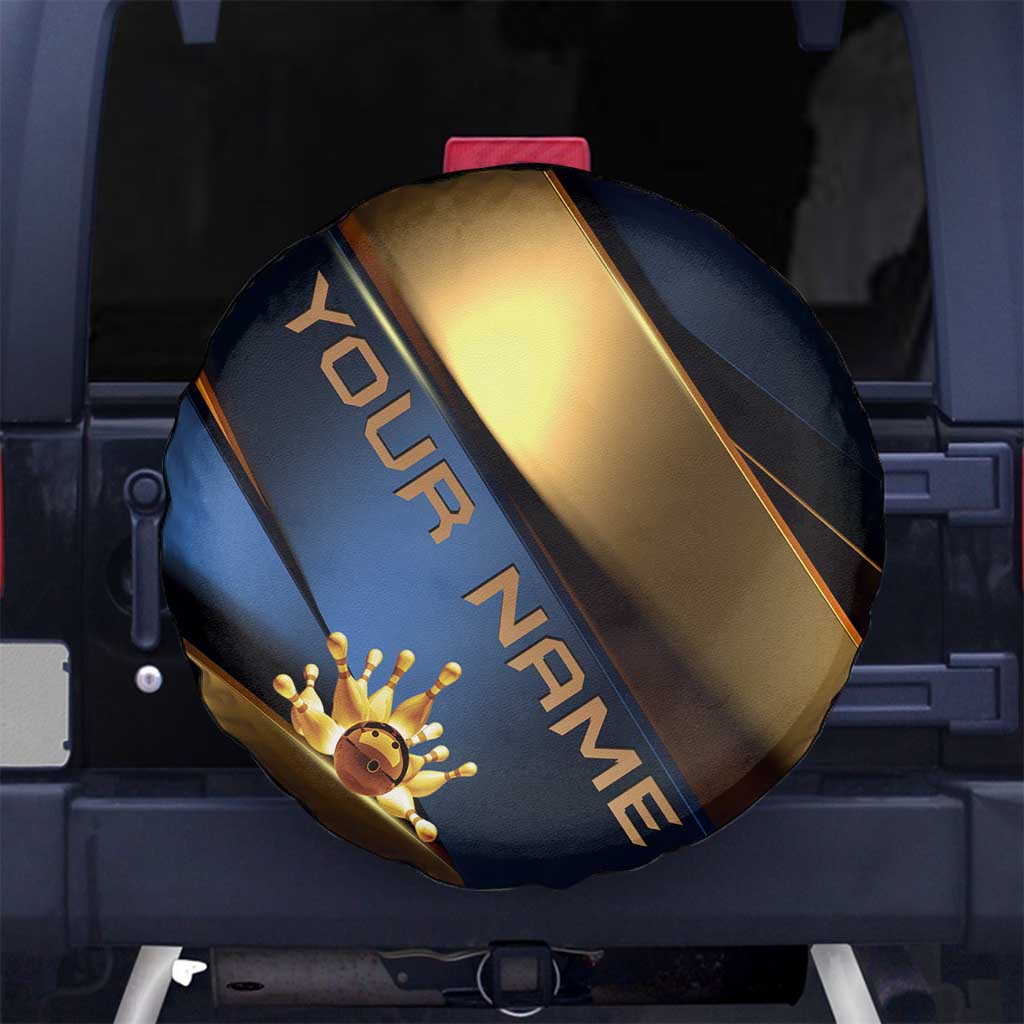 Angry Bowling Ball and Pins Spare Tire Cover with Blue and Gold Metallic Stripe Graphic Design - Wonder Print Shop