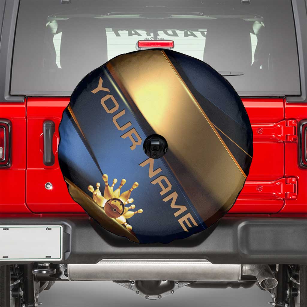 Angry Bowling Ball and Pins Spare Tire Cover with Blue and Gold Metallic Stripe Graphic Design - Wonder Print Shop